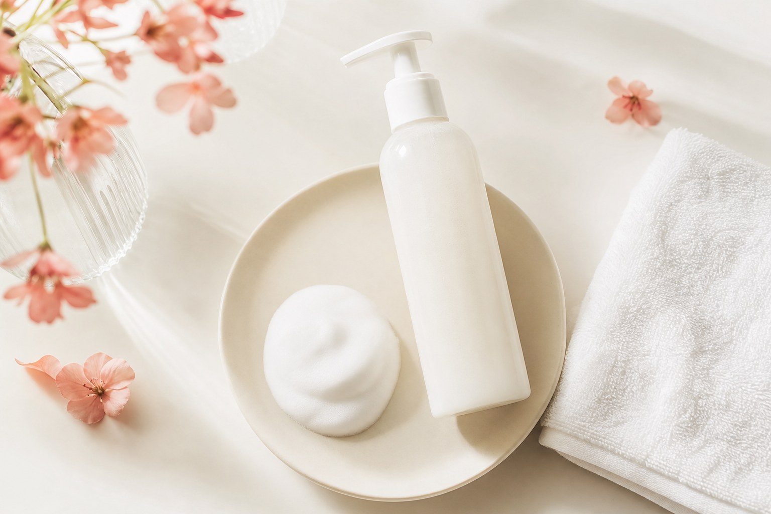 Nettoyant moussant coréen avec sa mousse onctueuse et une serviette blanche, deuxième étape du double nettoyage