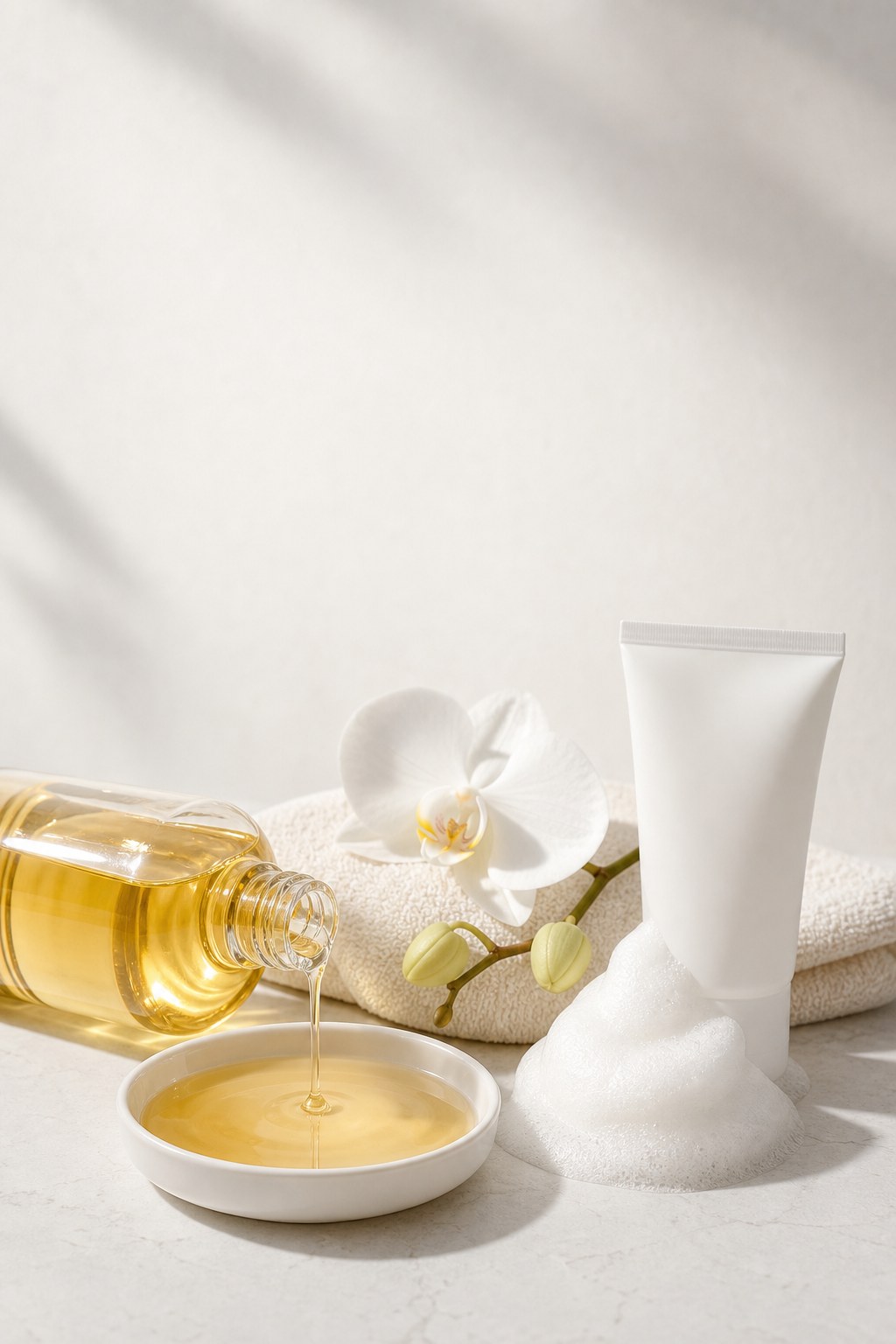 Routine coréenne de double nettoyage avec huile et mousse nettoyante sur fond clair