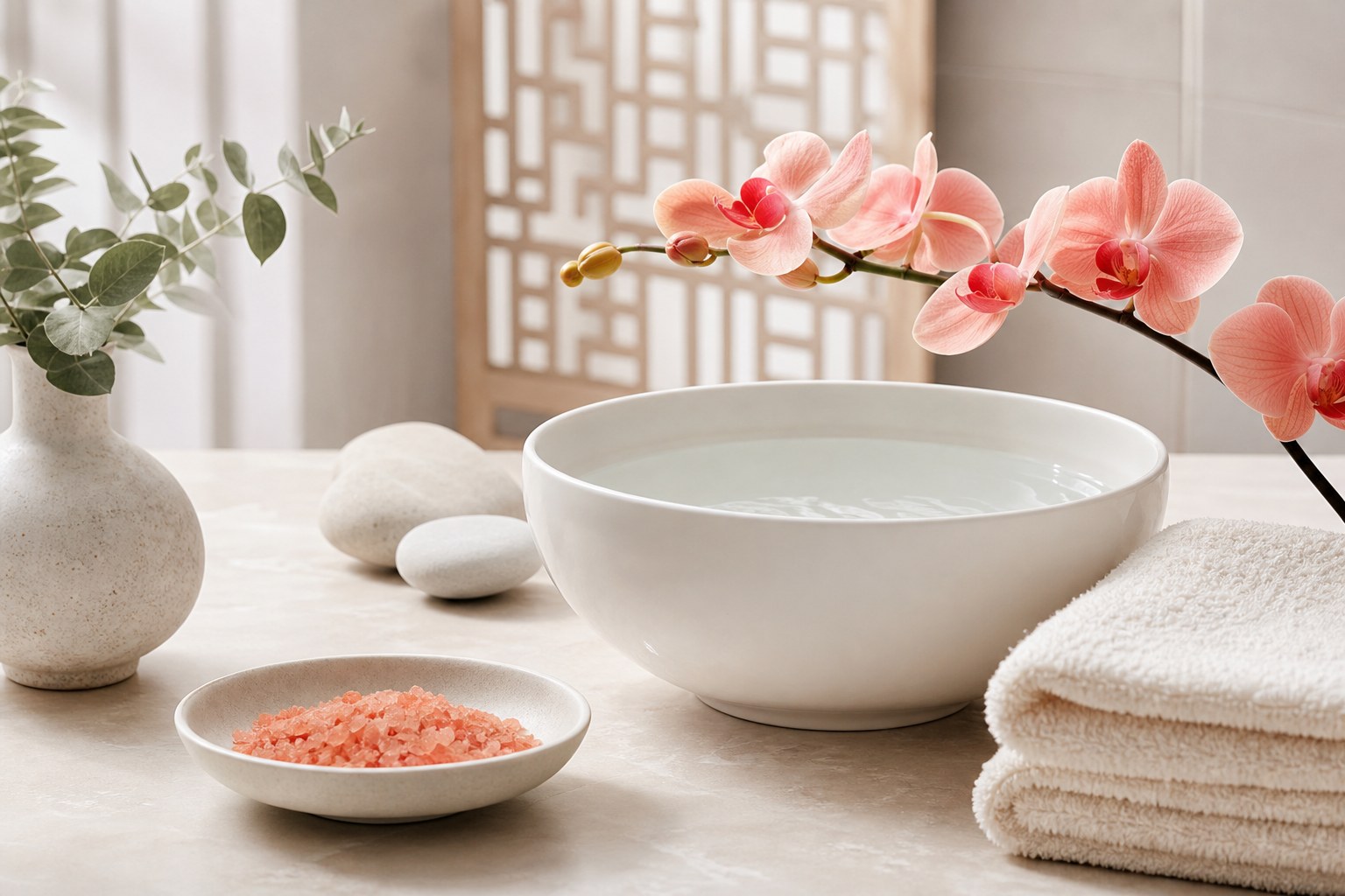 Ambiance spa coréen apaisante avec bol en céramique, serviette et verdure, rituel de soin du visage