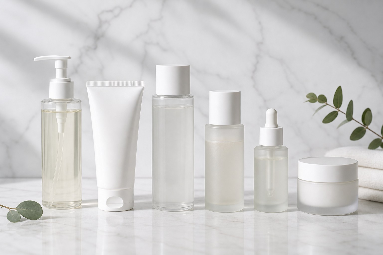Routine de soins coréenne complète avec nettoyants, toner, essence et crème disposés sur un plan de travail clair