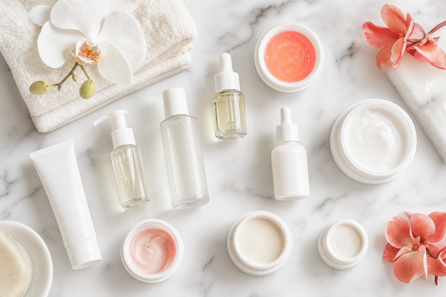 Ensemble complet de la routine coréenne : nettoyants, toner, essence, sérum, crème et solaire